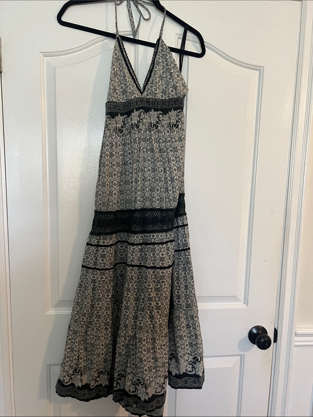 Black and Cream Patterned Halter Maxi Dress